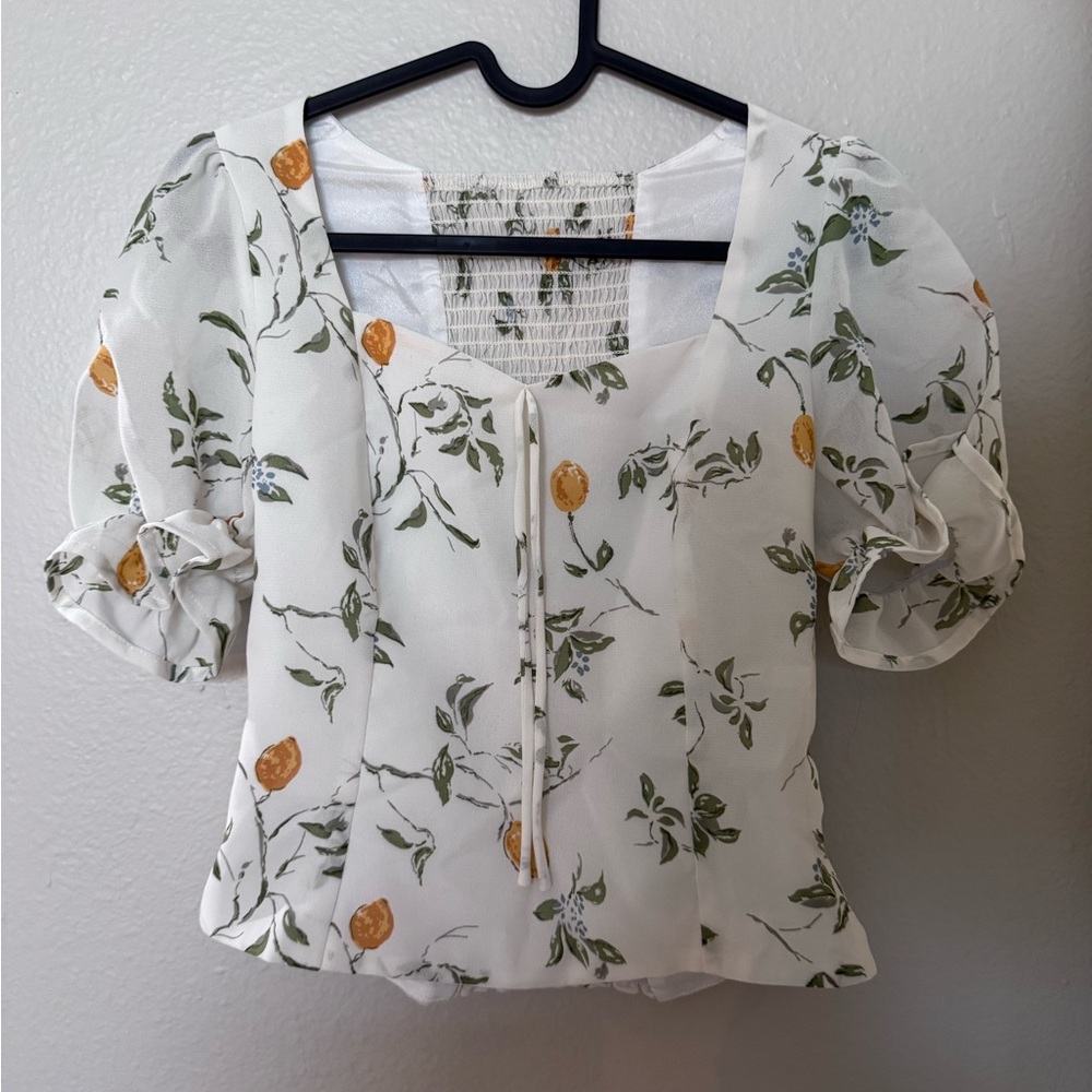 Sezane style Chic Floral Puff Sleeve Blouse - White and Green